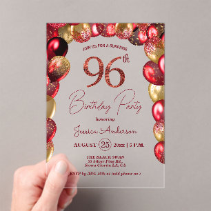 Surprise 96th Birthday Party Gold Burgundy Glitter Acrylic Invitations
