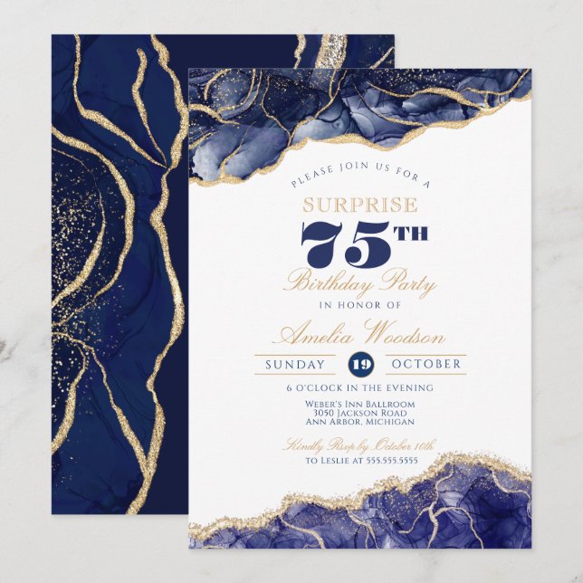 Surprise Adult 75th Birthday Elegant Navy Agate Invitation (Front/Back)