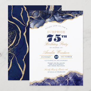 Surprise Adult 75th Birthday Elegant Navy Agate Invitation