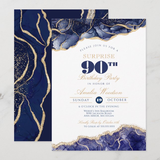 Surprise Adult Birthday Party Elegant Navy Agate Invitation (Front/Back)