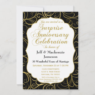 Surprise Anniversary Invitation Black Gold Swirl