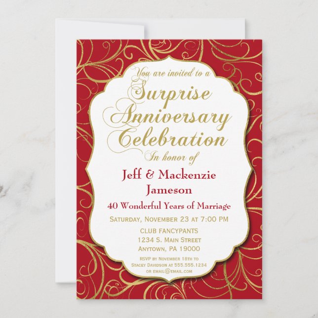 Surprise Anniversary Invitation Red Gold Swirl (Front)