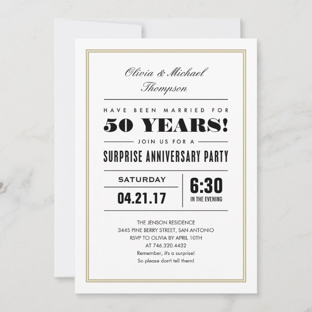 Surprise Anniversary Invitations - Gold Frame (Front)