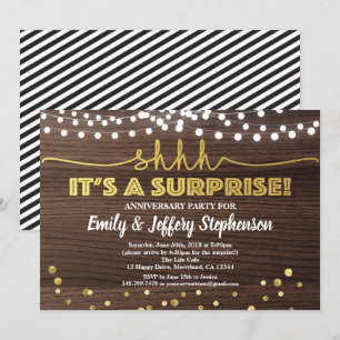 Surprise anniversary party invitation wood & gold