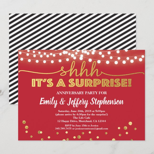 Surprise anniversary party ruby red & gold invitation (Front/Back)