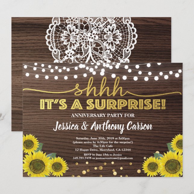 Surprise anniversary party rustic gold sunflower invitation (Front/Back)