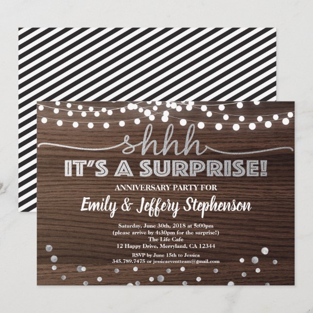 Surprise anniversary party wood & silver invitation (Front/Back)