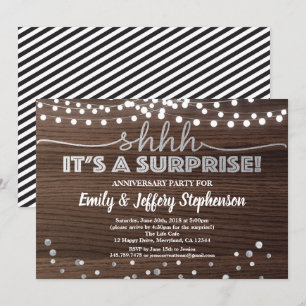 Surprise anniversary party wood & silver invitation