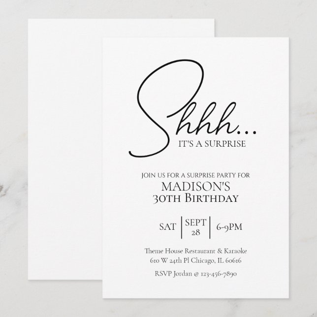 Surprise Any Age 30th Black & White Birthday Invitation (Front/Back)