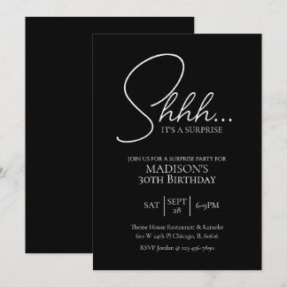 Surprise Any Age 30th Black & White Birthday Invitation