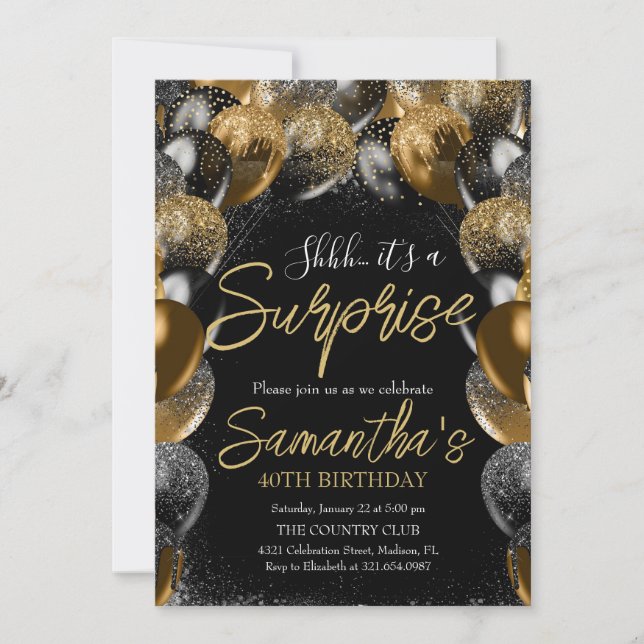 Surprise Balloons Birthday Black Gold Glitter Invitation (Front)