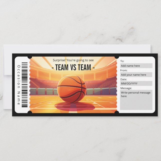 Surprise Basketball Game Ticket Gift Certificate Invitation (Front)