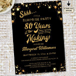 Surprise Birthday 80 Years in the Making Black Invitation<br><div class="desc">Invite guests to a Surprise Birthday 80 YEARS IN THE MAKING (or for any age) with these invitations featuring an editable retro calligraphy script typography design incorporating their age and birth year within the design in black and gold with gold stars. The card is also available as an instant digital...</div>