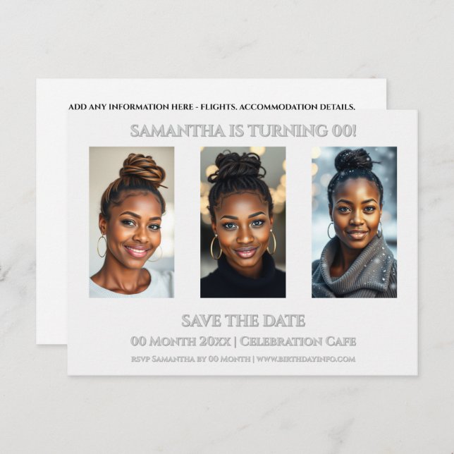 Surprise birthday any age 3 photo party template postcard (Front/Back)