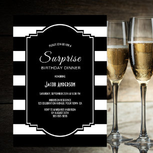 Surprise Birthday Black and White Striped Dinner Invitation