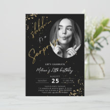 Surprise Birthday Black Gold Photo Invitation Card