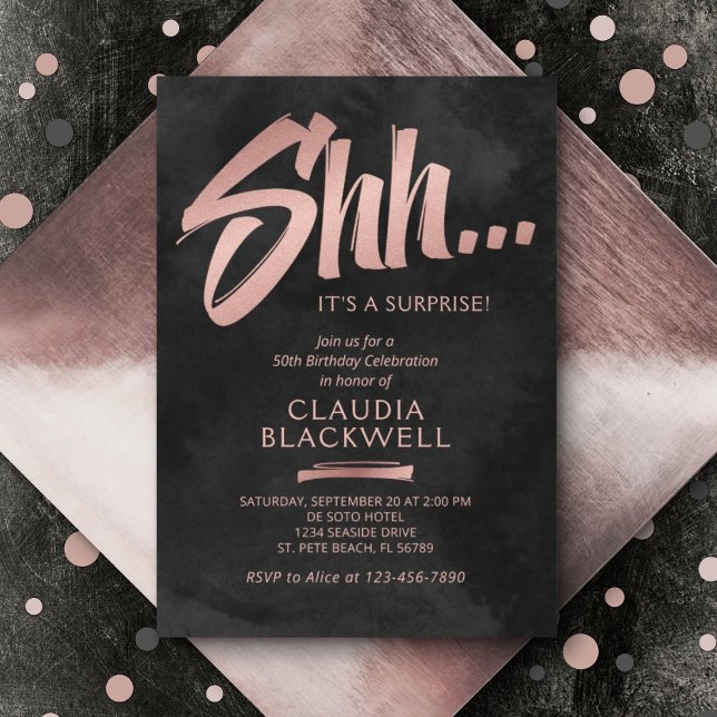 Surprise Birthday Black Rose Gold Invitation (Creator Uploaded)