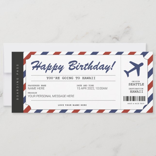 Surprise Birthday Boarding Pass Plane Gift Ticket Invitation (Front)