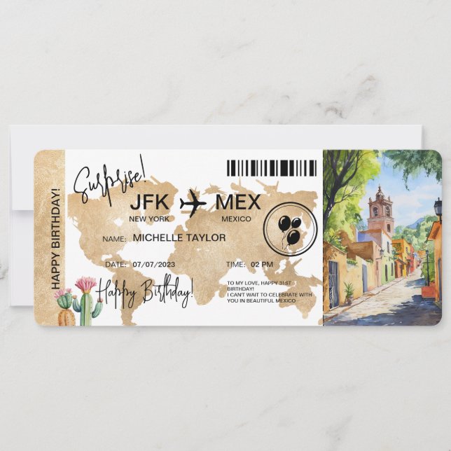 Surprise Birthday Boarding Pass Trip Ticket Mexico Invitation (Front)