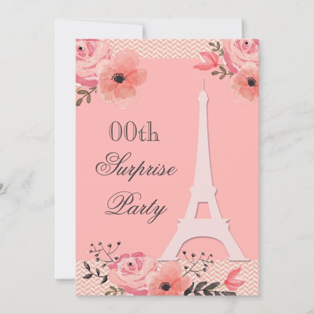 Surprise Birthday Chic Floral Paris Eiffel Tower Invitation (Front)