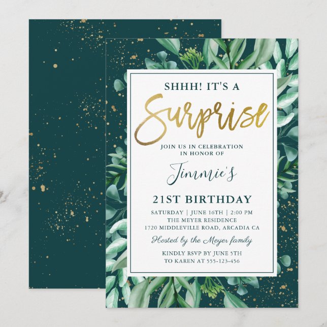 Surprise Birthday Chic Greenery Gold Glitter  Invitation (Front/Back)