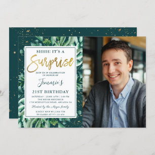 Surprise Birthday Chic Greenery Gold Glitter Photo Invitation