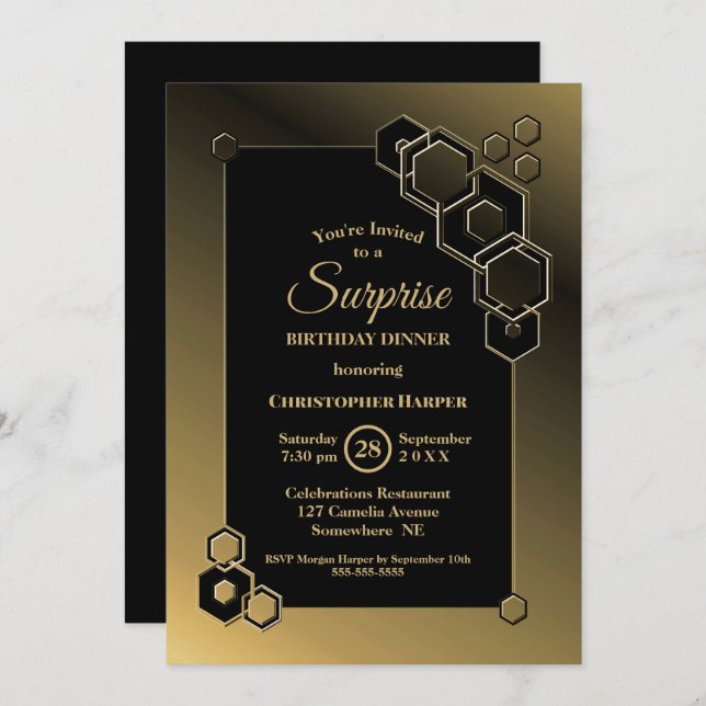 Surprise Birthday Dinner Black and Gold Border Invitation (Front/Back)