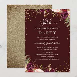 Surprise Birthday Gold Confetti Burgundy Floral Invitation