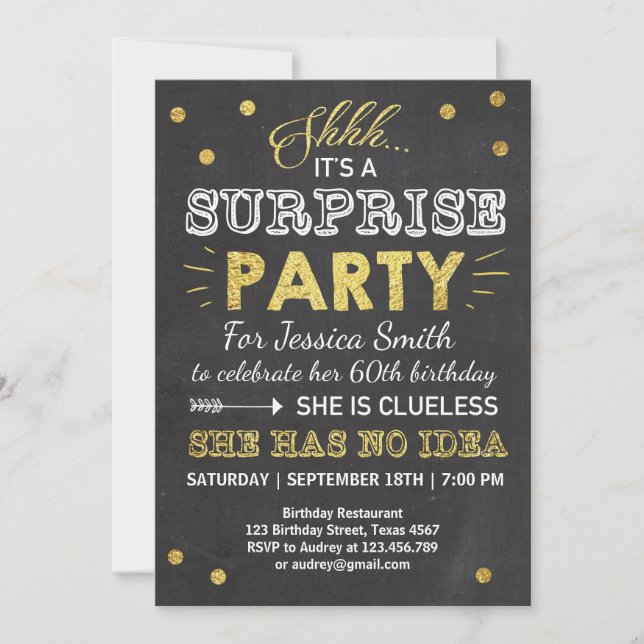 Surprise birthday invitation Chalkboard Gold (Front)