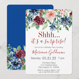 Surprise Birthday Navy Blue Burgundy Party Invitation