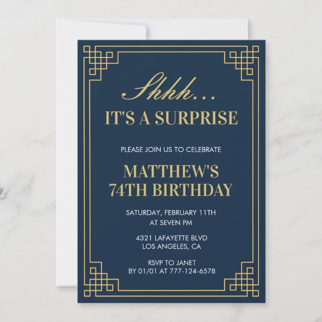 Surprise Birthday Navy blue Gold Men 74th birthday Invitation (Front)