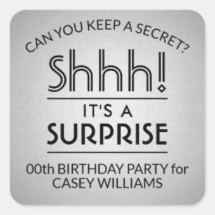 Surprise Birthday Party Black and Faux Silver Foil Square Sticker