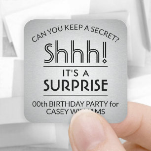 Surprise Birthday Party Black and Faux Silver Foil Square Sticker