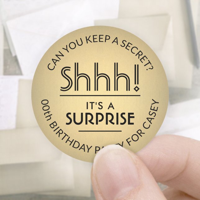 Surprise Birthday Party Black and Gold Faux Foil Classic Round Sticker (Creator Uploaded)