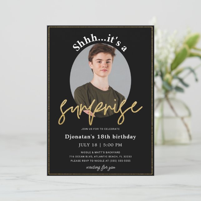 Surprise Birthday Party Black Gold Invitation Card (Standing Front)