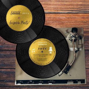 Surprise Birthday Party Black Gold Record Vinyl Invitation