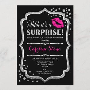 Surprise Birthday Party - Black Pink Silver Invitation