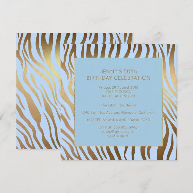 Surprise Birthday Party Blue Gold Zebra Invitation (Front/Back)