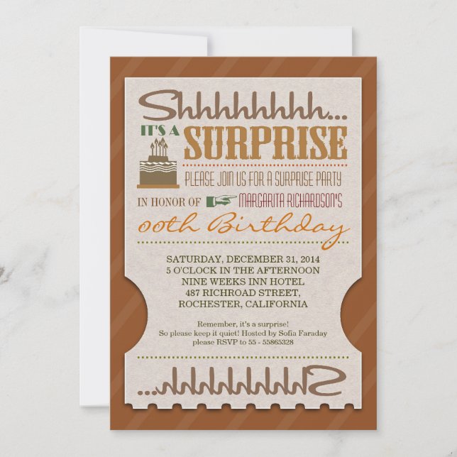 surprise birthday party bold typography ticket invitation (Front)