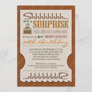 surprise birthday party bold typography ticket invitation