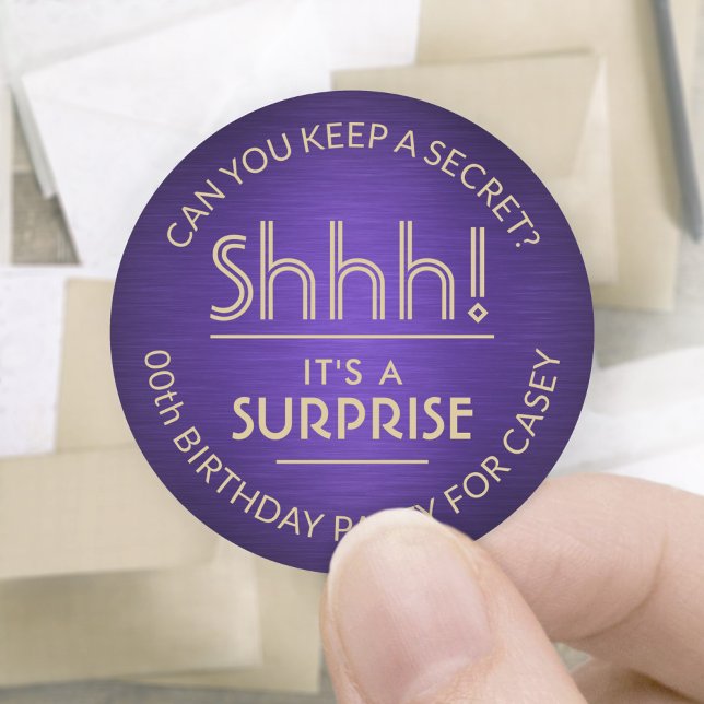 Surprise Birthday Party Brushed Purple and Gold Classic Round Sticker (Creator Uploaded)