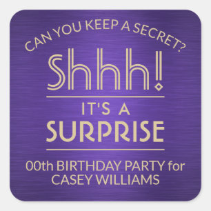 Surprise Birthday Party Brushed Purple and Gold Square Sticker