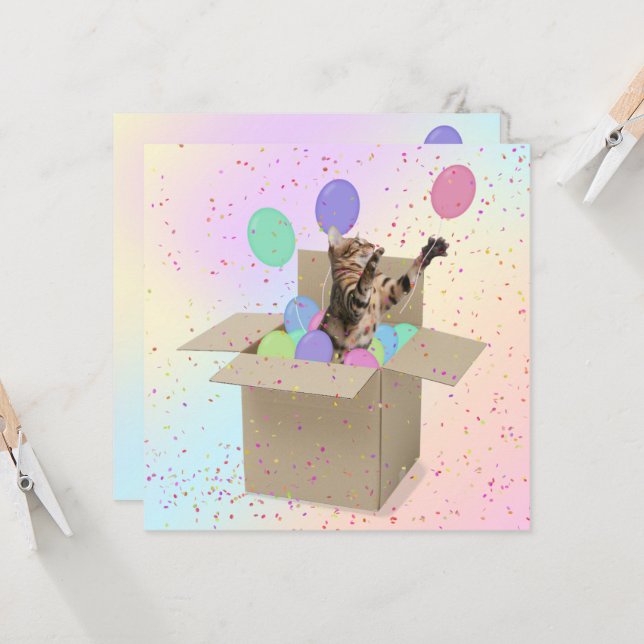 Surprise Birthday Party cat in box Card (Front/Back In Situ)