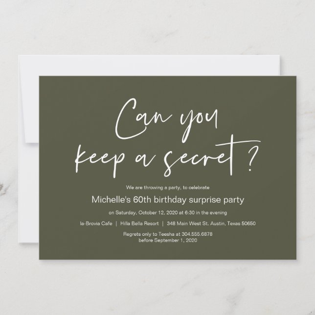 Surprise Birthday Party Celebration, Olive Green Invitation (Front)