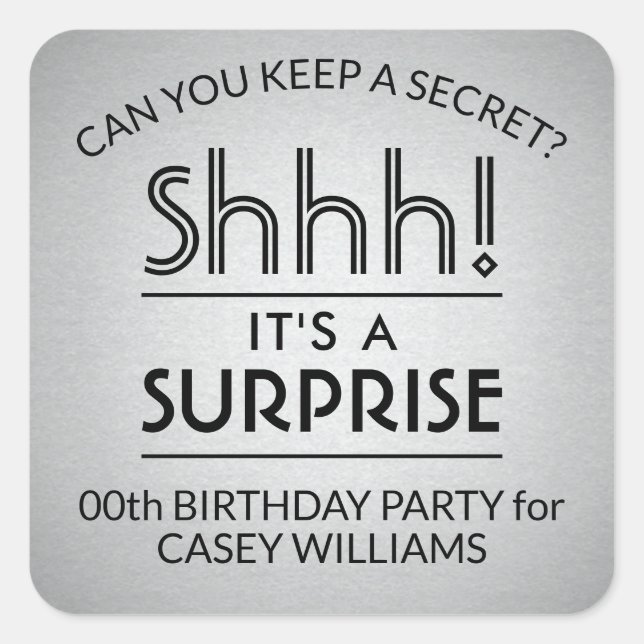 Surprise Birthday Party Elegant Black and Grey Square Sticker (Front)
