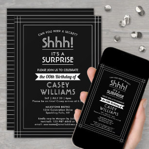 Surprise Birthday Party Elegant Black and White Invitation
