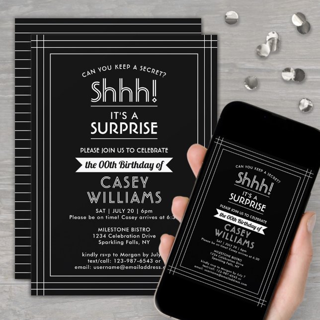 Surprise Birthday Party Elegant Black and White Invitation (Creator Uploaded)