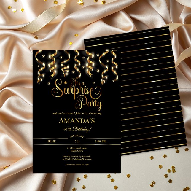 Surprise Birthday Party Elegant Black & Gold Invitation (Creator Uploaded)