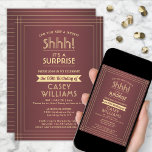 Surprise Birthday Party Elegant Burgundy and Gold Invitation<br><div class="desc">Can you keep a secret? Invite family and friends to an elegant and exciting surprise birthday celebration with custom burgundy and gold party invitations. All wording on this template is simple to personalise, including message that reads "Shhh! It's a SURPRISE." The design features a modern striped border on a dark...</div>