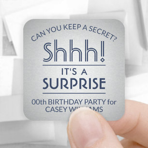 Surprise Birthday Party Elegant Navy Blue and Grey Square Sticker